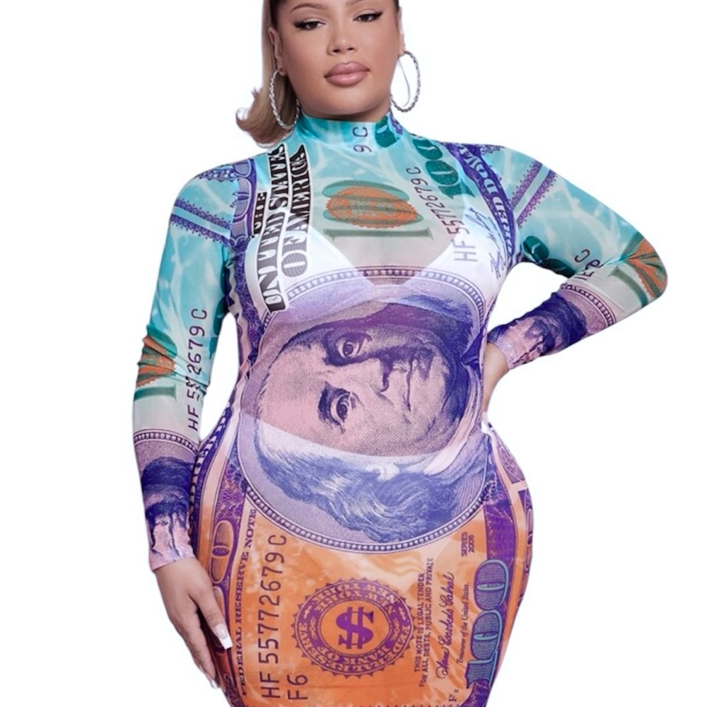 SHEIN CURVE Stretchy Dollar Bill Pattern Mesh Bodycon Dress Coverup 3XL